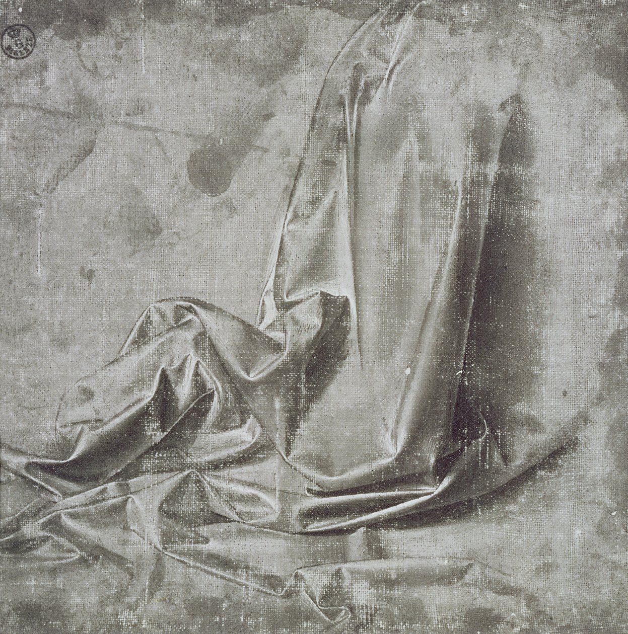 Estudo de tapeçaria para uma figura ajoelhada em Profil Perdu à direita, c.1472-75 (pincel e têmpera cinza com branco sobre tela) de Leonardo da Vinci