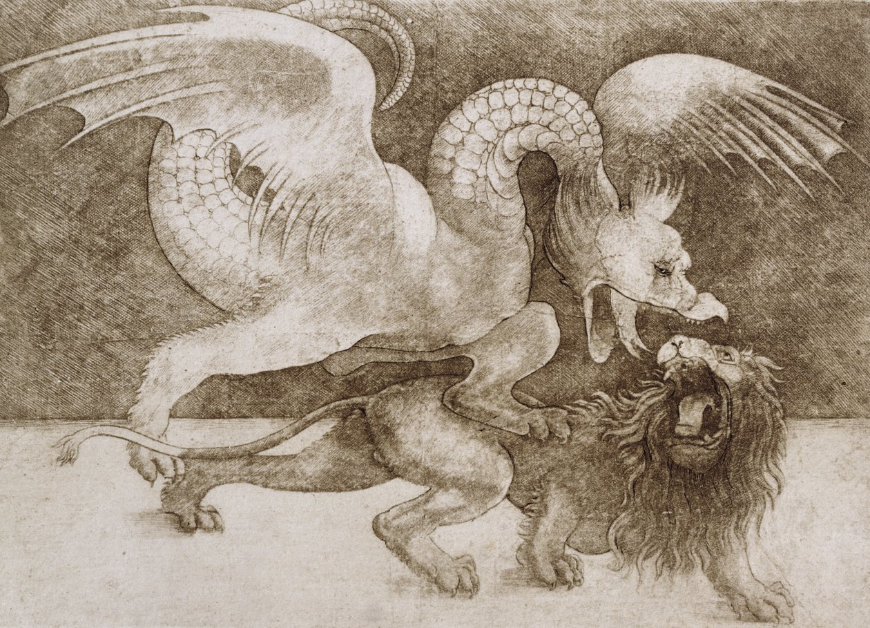 Lute entre um dragão e um leão (caneta e tinta no papel) (impressão) de Leonardo da Vinci
