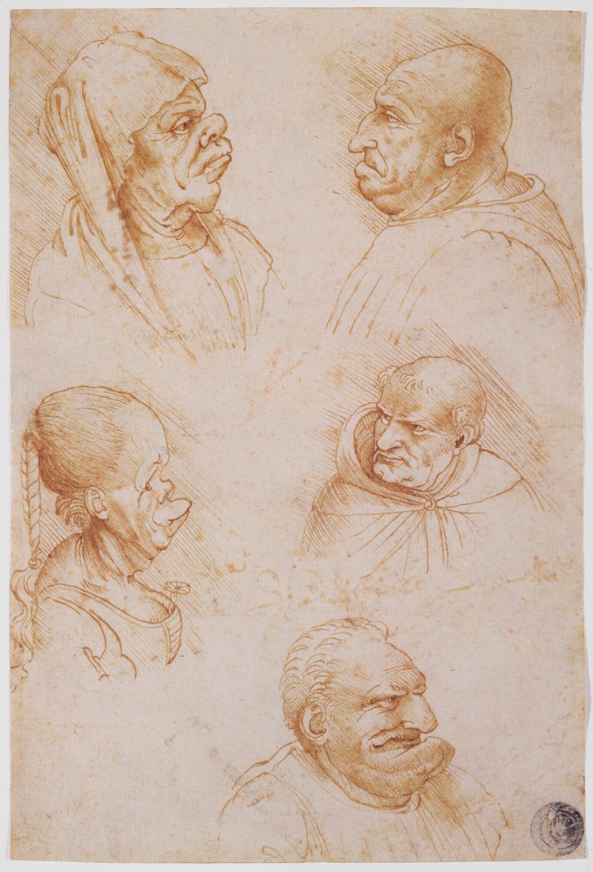 Cinco Estudos de Faces Grotescas (giz vermelho sobre papel) de Leonardo da Vinci