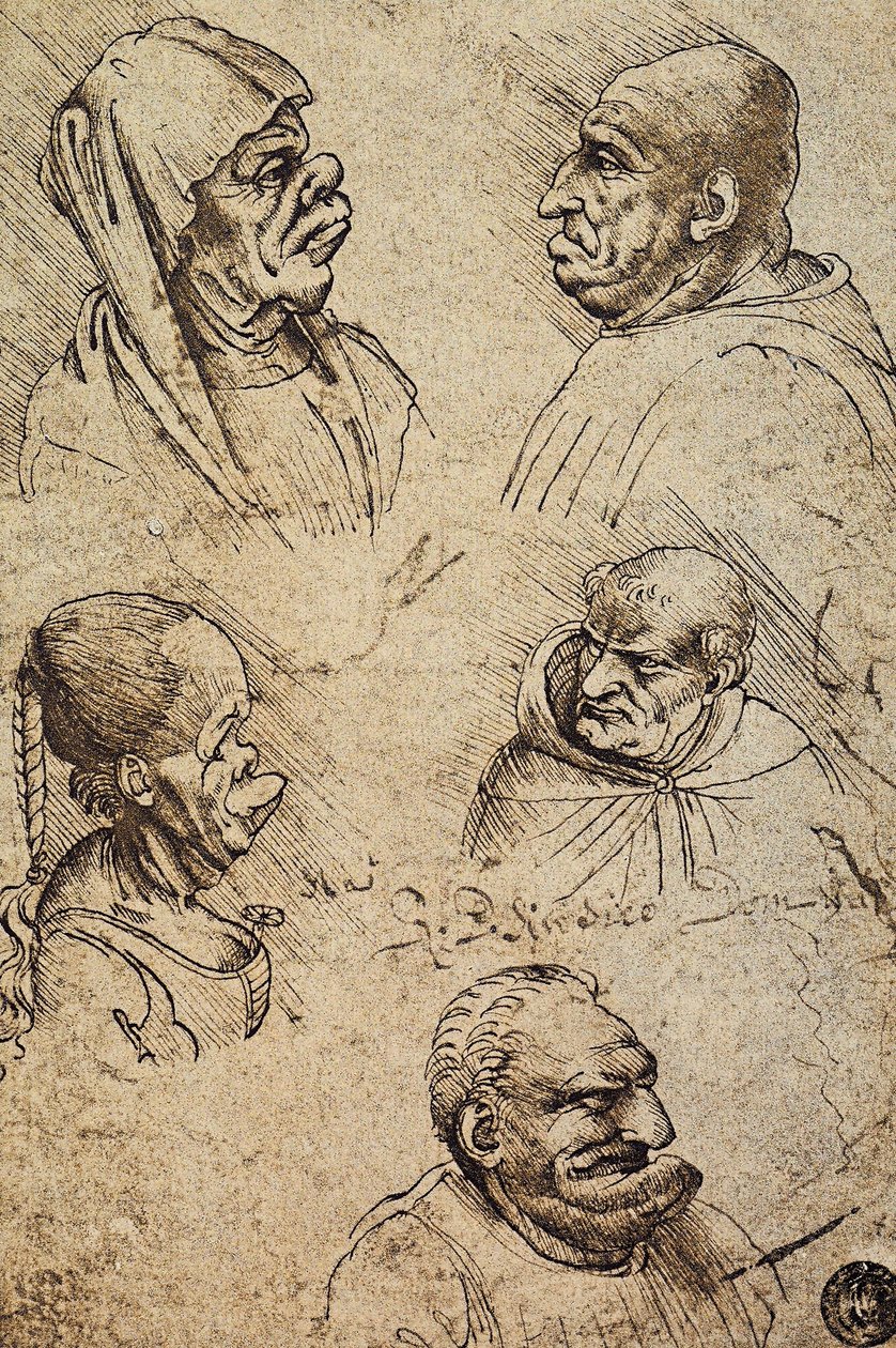 Cinco cabeças grotescas, desenhadas por Leonardo da Vinci. Gallerie dellAccademia, Veneza de Leonardo da Vinci