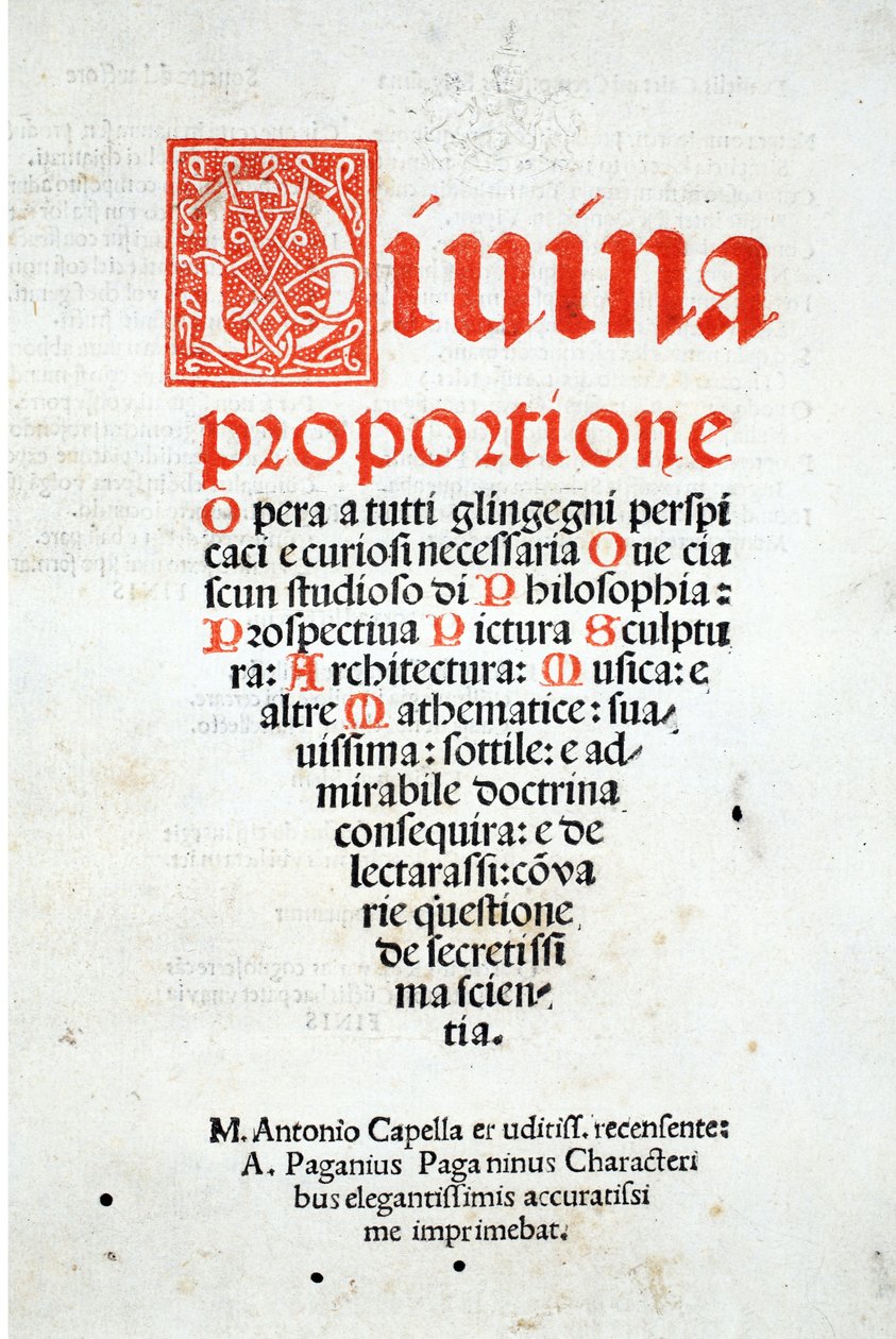 Frontispício, de &39;Divina Proportione&39; de Luca Pacioli (c.1445-1517), originalmente pub. Veneza, 1509 de Leonardo da Vinci