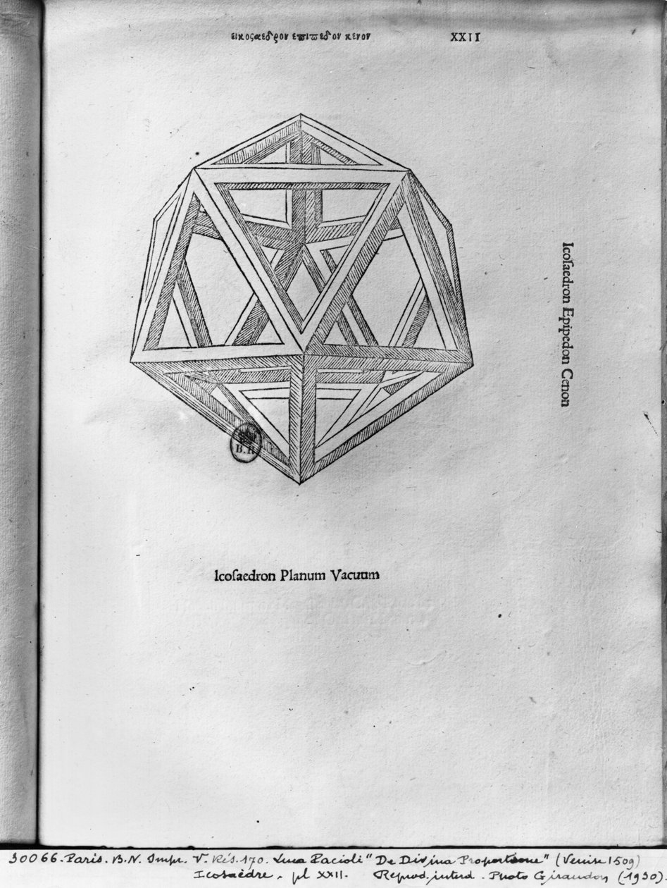 Icosahedron, de &39;De Divina Proportione&39; de Luca Pacioli, publicado em 1509, Veneza de Leonardo da Vinci