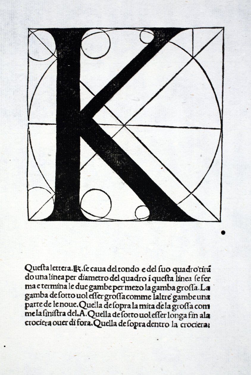 K, ilustração de &39;Divina Proportione&39; de Luca Pacioli (c.1445-1517), originalmente pub. Veneza, 1509 de Leonardo da Vinci