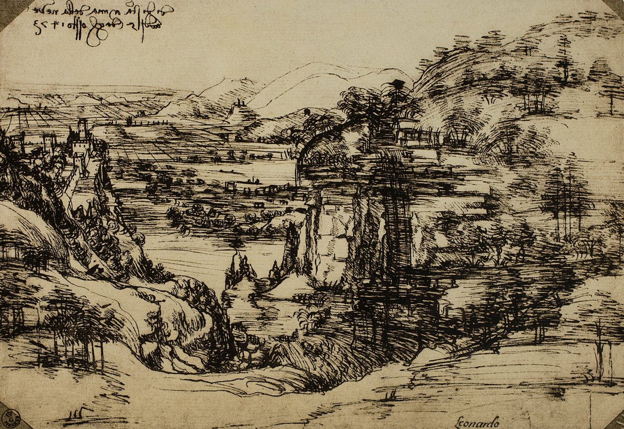 Paisagem do Vale do Arno, caneta sobre papel, Leonardo da Vinci (1452-1519), Gabinete de Desenhos e Gravuras, Galeria Uffizi, Florença de Leonardo da Vinci