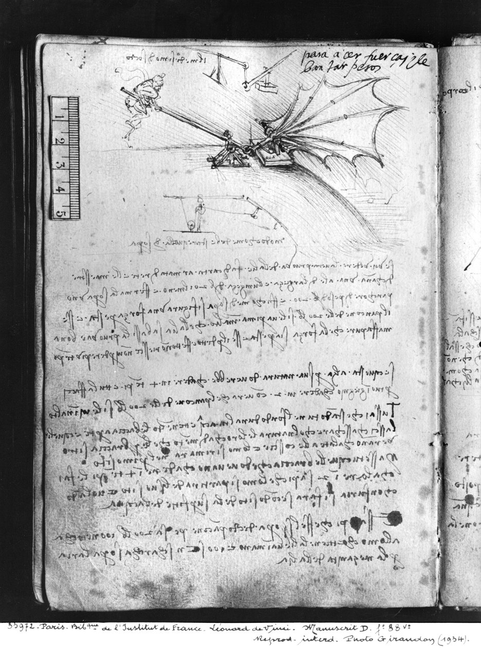 MS B fol.88v Testando a tolerância de carga de uma asa, 1487-90 (caneta e tinta no papel) de Leonardo da Vinci