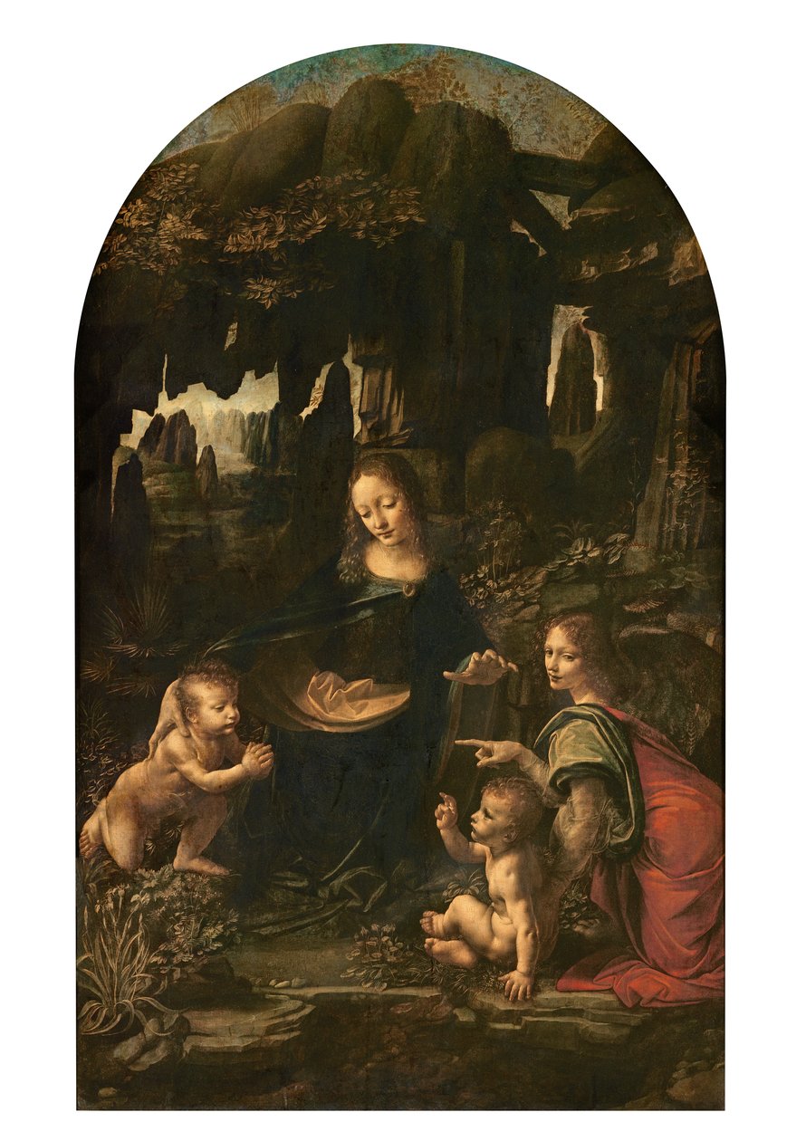 Madonna of the Rocks, c.1478 (óleo no painel transferido para a tela) (veja também 2038) de Leonardo da Vinci