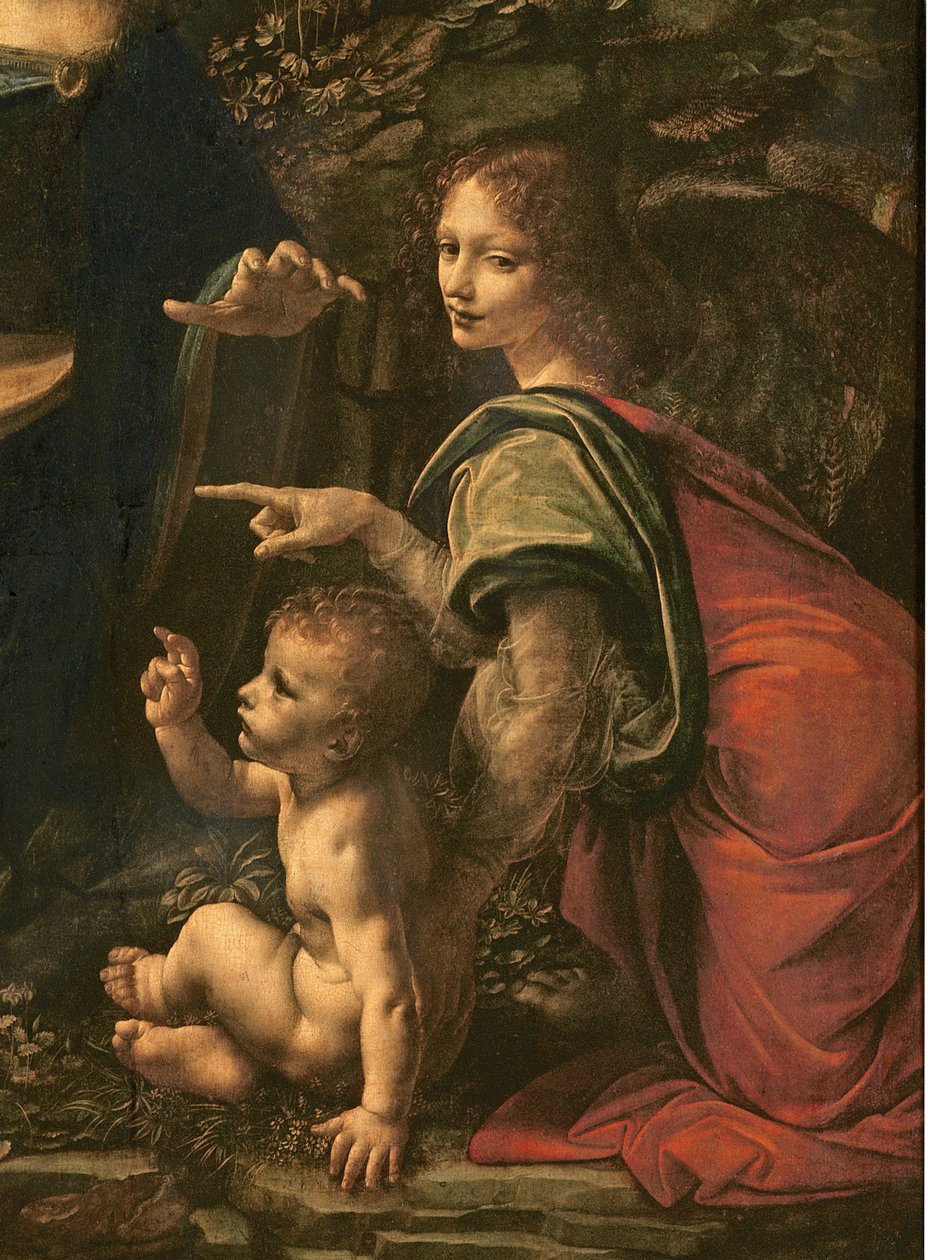 Madonna of the Rocks detalhe de São João e o Anjo, 1483-6 óleo sobre tela de Leonardo da Vinci
