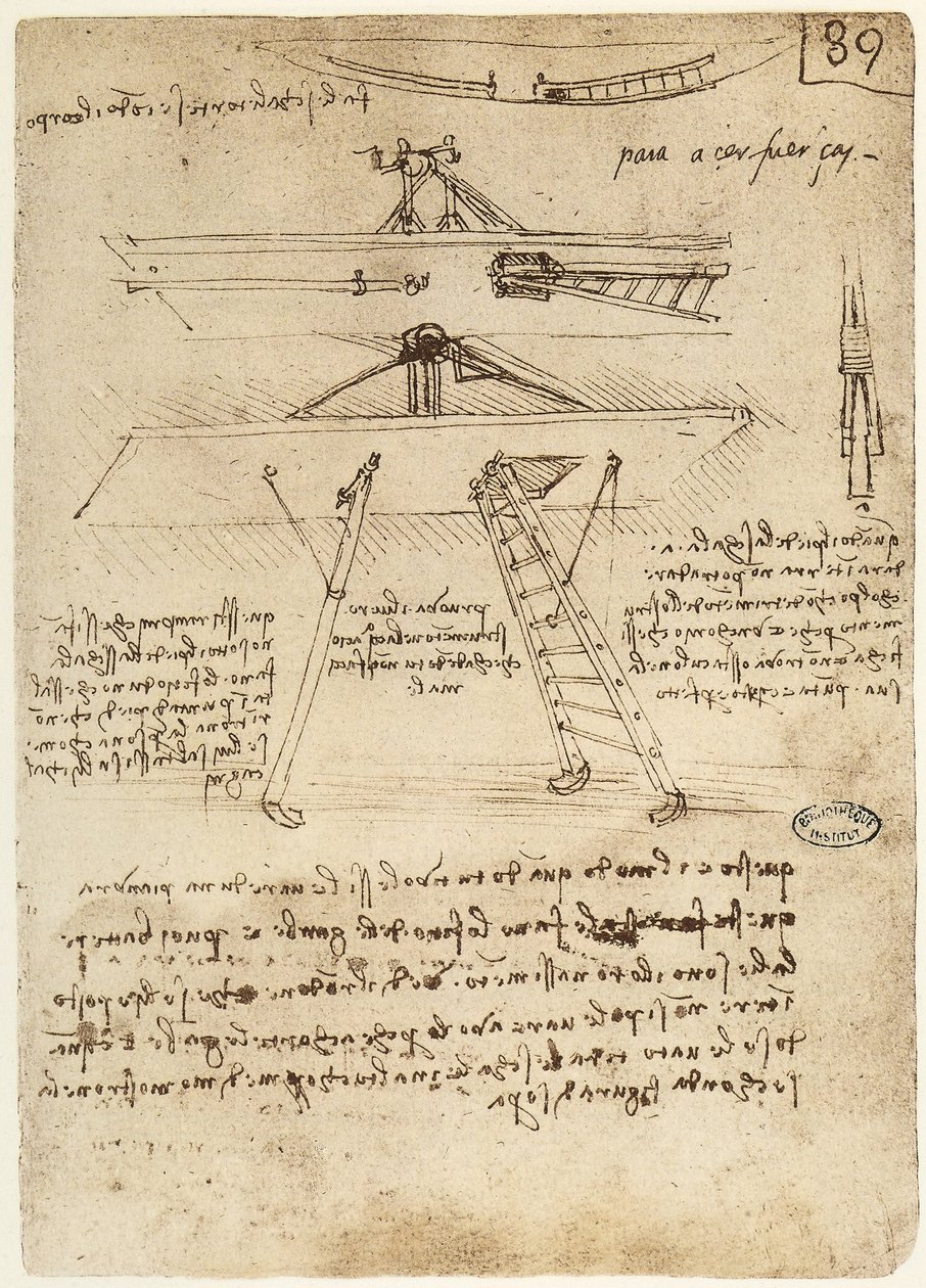 Ms B fol.89r Decolagem e trem de pouso de uma máquina voadora, 1487-90 de Leonardo da Vinci