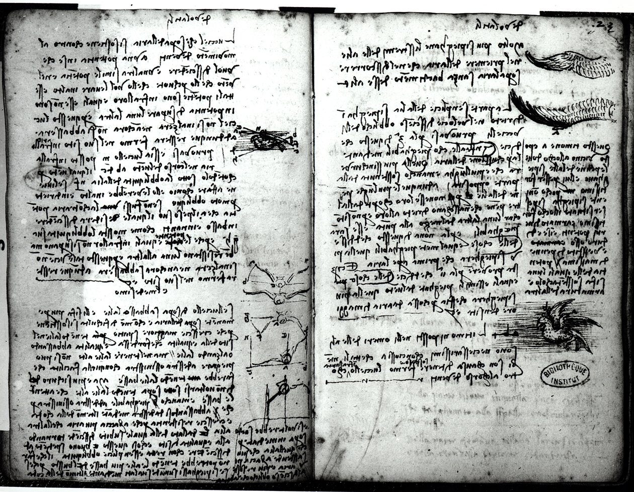 Manuscrito de Paris E, fol. 22v e 23r: Esboço do voo das aves, 1513-14 de Leonardo da Vinci
