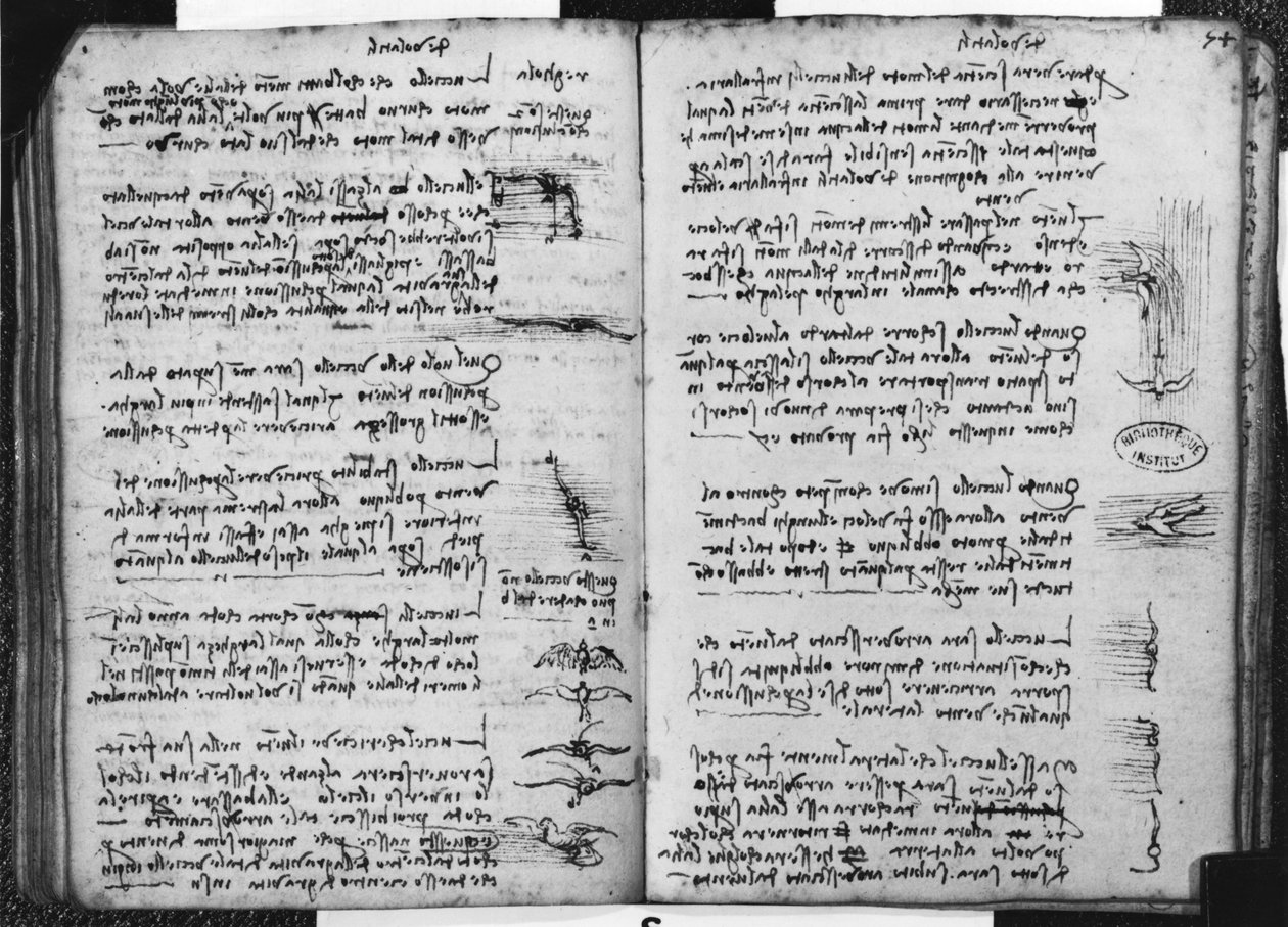 Manuscrito de Paris E, fol. 53v e 54r: Esboço representando o vôo dos pássaros, 1513-14 (caneta e tinta no papel) de Leonardo da Vinci