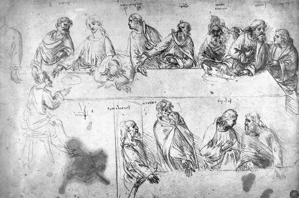 Desenho preparatório para a Última Ceia (tinta sépia sobre papel de linho) de Leonardo da Vinci