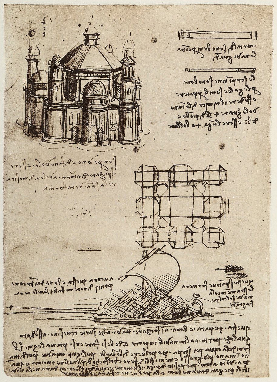 Projeto para uma igreja construída sobre um eixo central e um barco com remos e velas, desenho de Leonardo da Vinci, parte do Codex B (2173), c.39v, alojado no Institut de France, Paris de Leonardo da Vinci