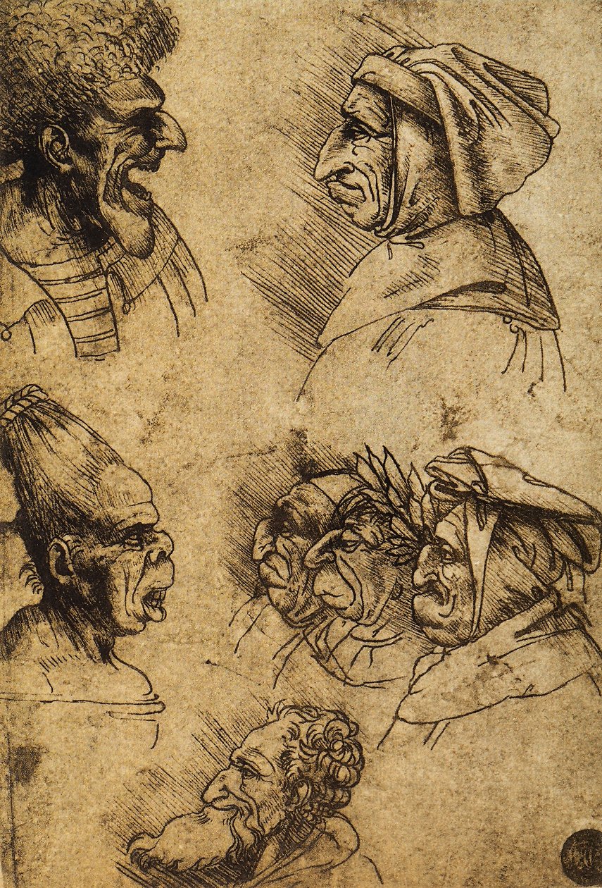 Sete cabeças grotescas; desenho de Leonardo da Vinci. Gallerie dellAccademia, Veneza de Leonardo da Vinci