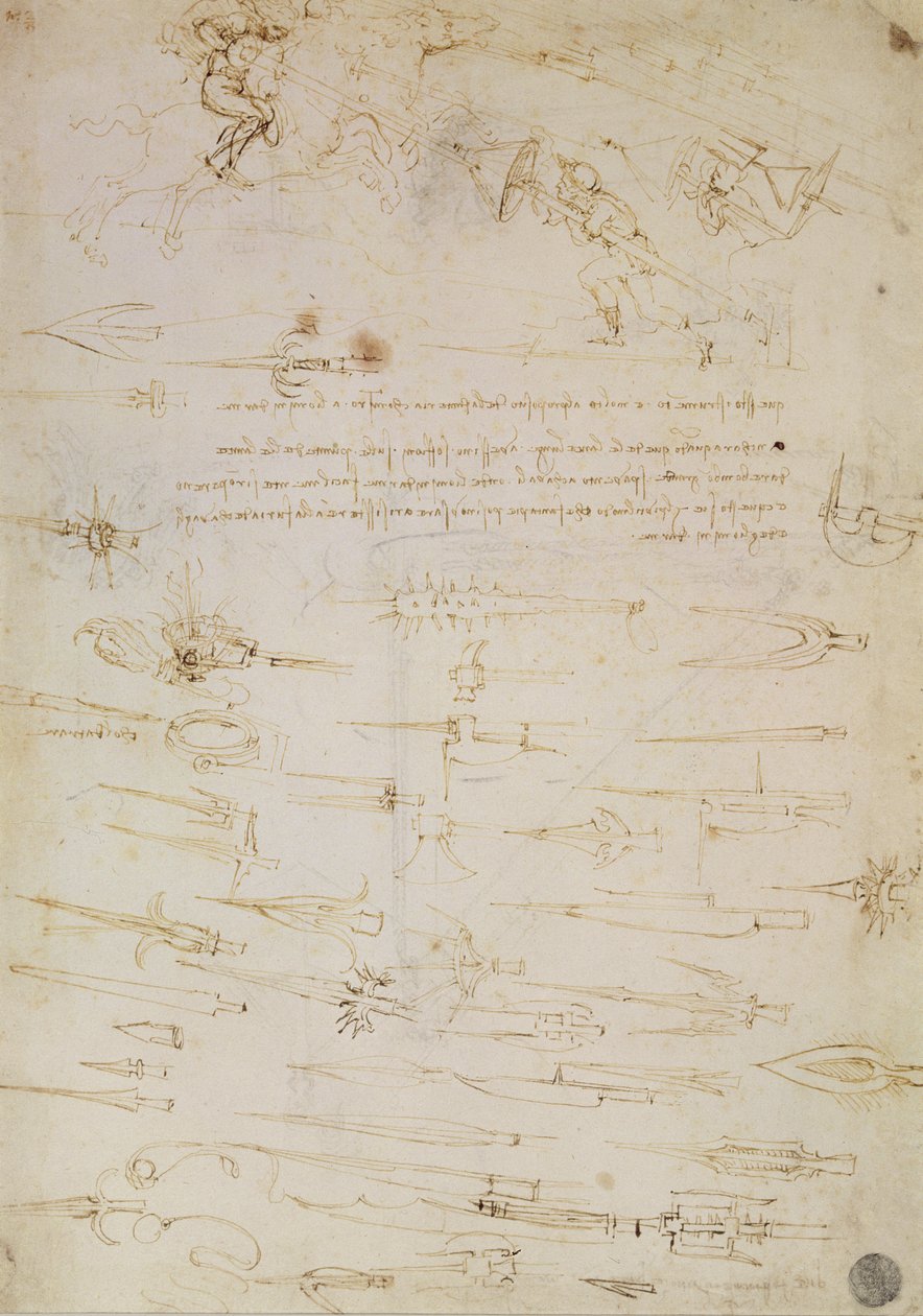 Folha de estudos de soldados de infantaria e cavaleiros em combate, e halbards, 1485-1488 (caneta e tinta no papel) de Leonardo da Vinci