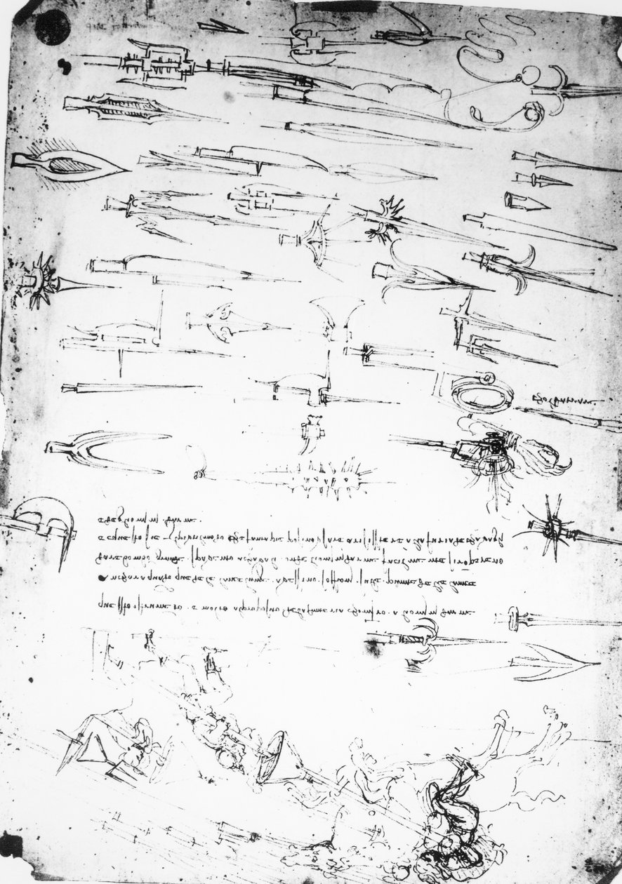 Folha de estudos de soldados de infantaria e cavaleiros em combate, e halbards, 1485-1488 de Leonardo da Vinci
