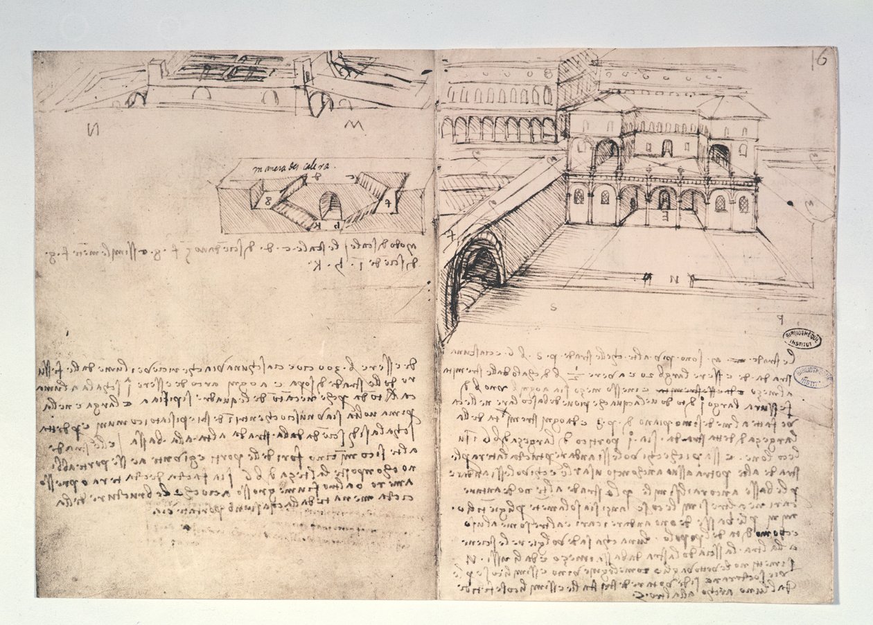 Escadaria, fol. 15v, e esboço arquitetônico para uma "cidade ideal", fol. 16, do Manuscrito B de Paris, 1488-90 de Leonardo da Vinci