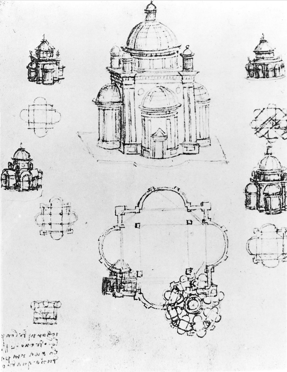 Estudos para a construção de um plano centralizado, detalhe de fol. 3v do Codex Ashburnham I e II anteriormente parte do Manuscrito B 2184, c.1492 caneta e tinta sobre papel de Leonardo da Vinci
