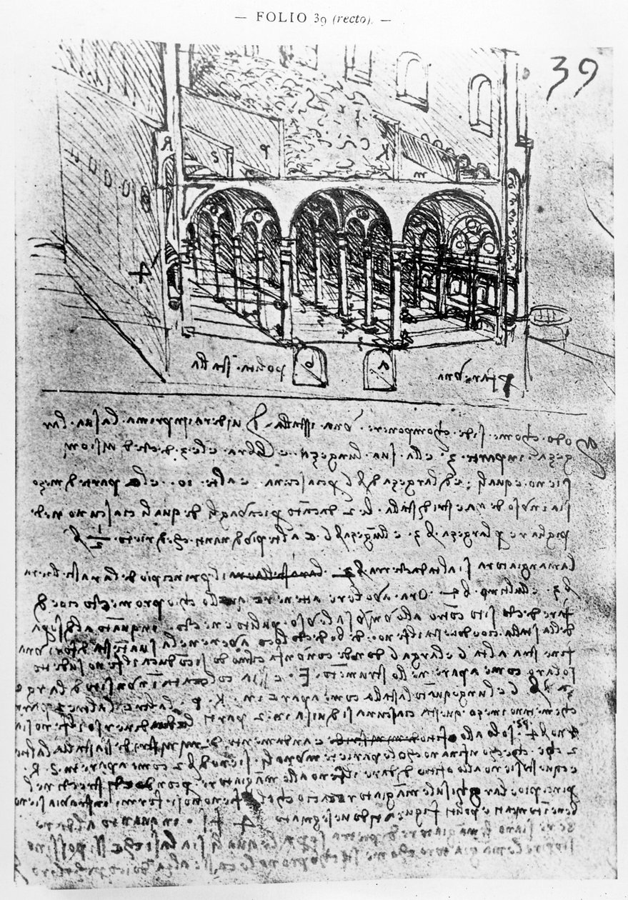 Estudos para estábulos, Folio 39r, de Paris Manuscrito B 2173, 1487-90 de Leonardo da Vinci