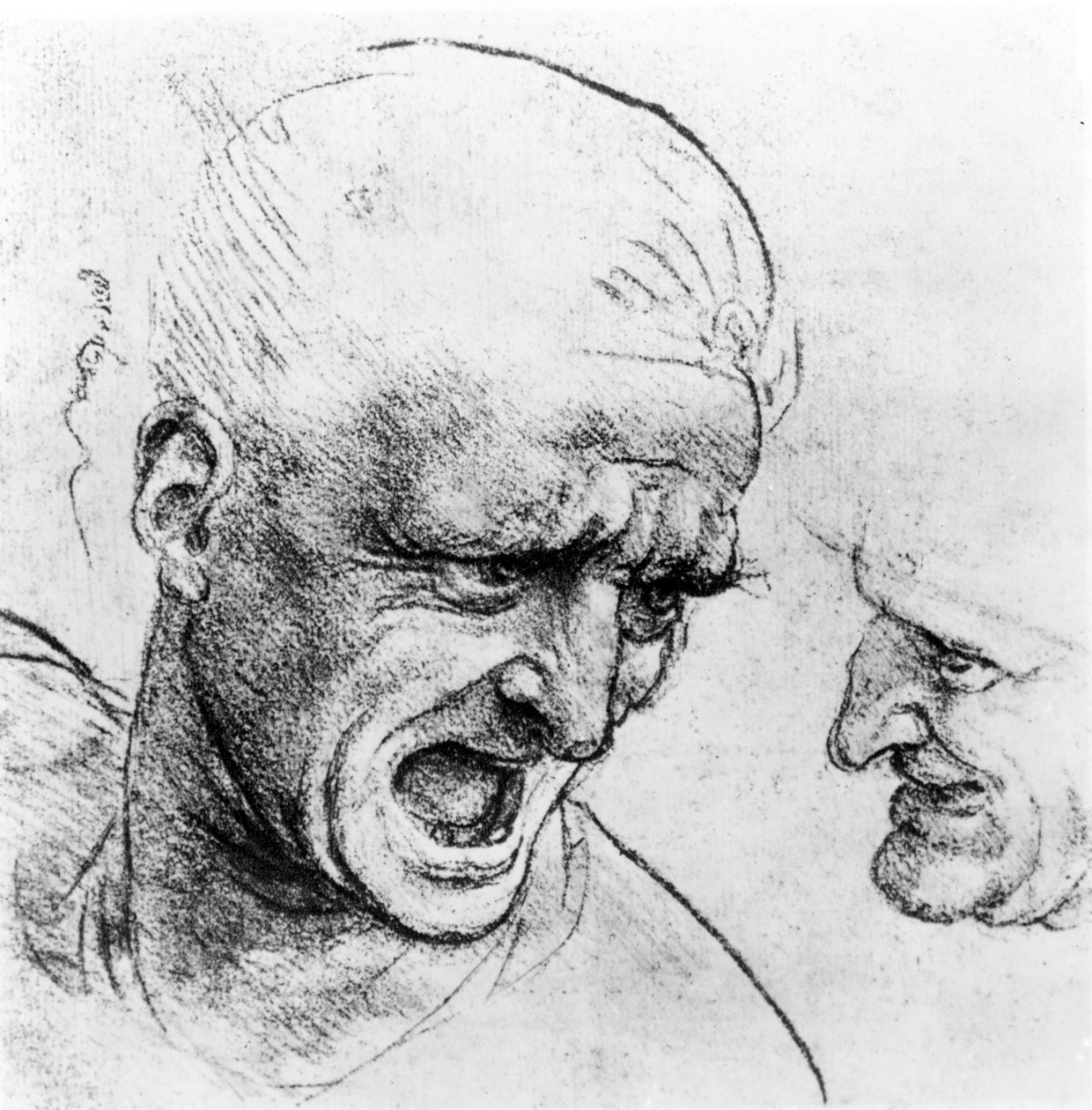 Estudos para as cabeças de dois soldados em &39;A Batalha de Anghiari&39;, c.1504-05 (giz preto ou carvão sobre papel) de Leonardo da Vinci