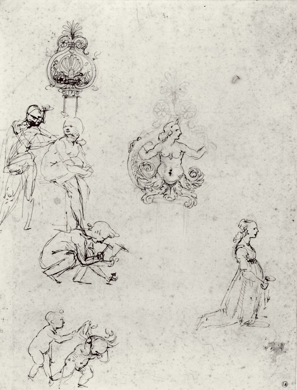 Estudos de Figues e Decorações, c.1480-82 (caneta e tinta e ponta de metal) de Leonardo da Vinci