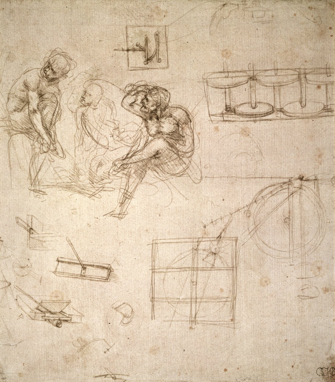 Estudos de Figuras e de Máquinas (silverpoint no papel) de Leonardo da Vinci