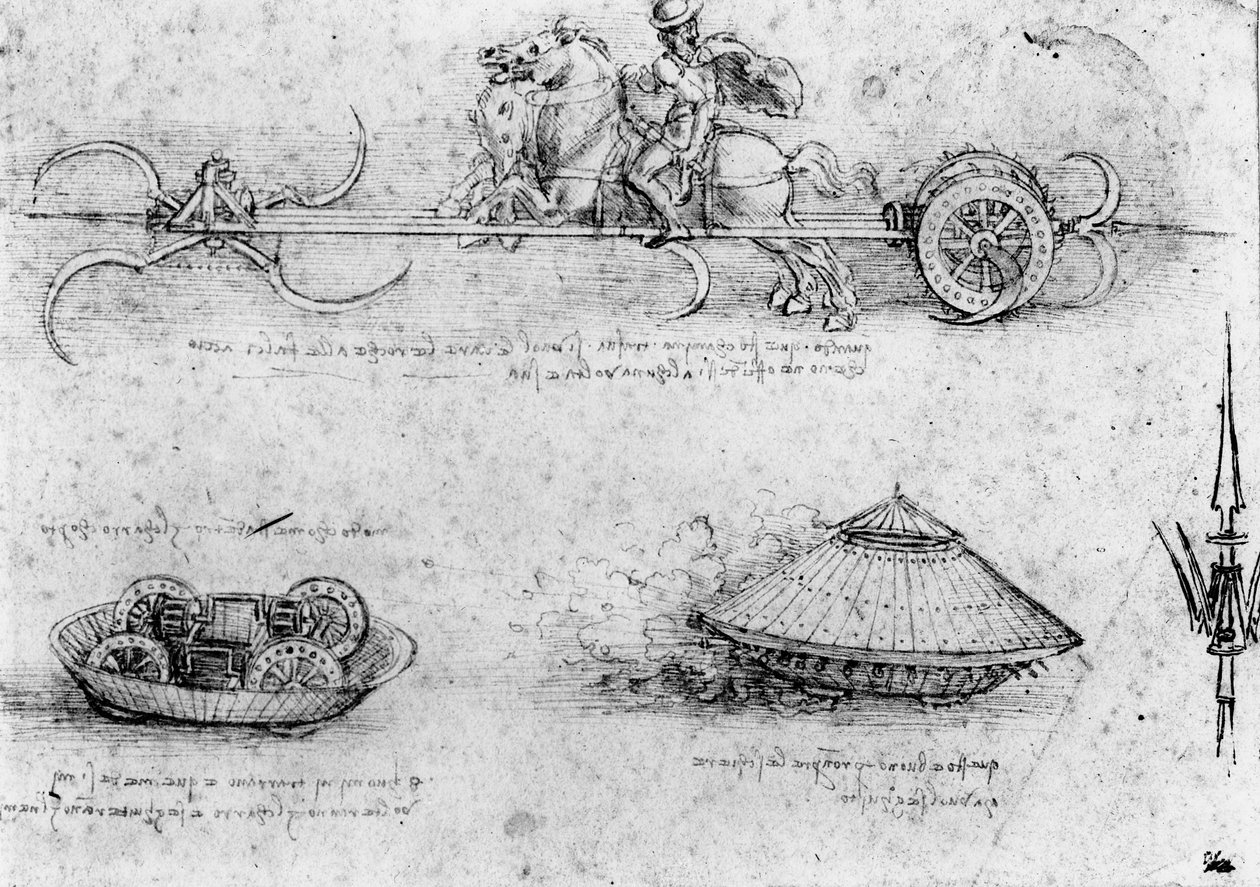 Estudos de máquinas militares semelhantes a tanques; incluindo uma no topo com cavalos puxando uma engenhoca com foices rotativas, c.1485 (caneta e tinta e papel marrom) de Leonardo da Vinci