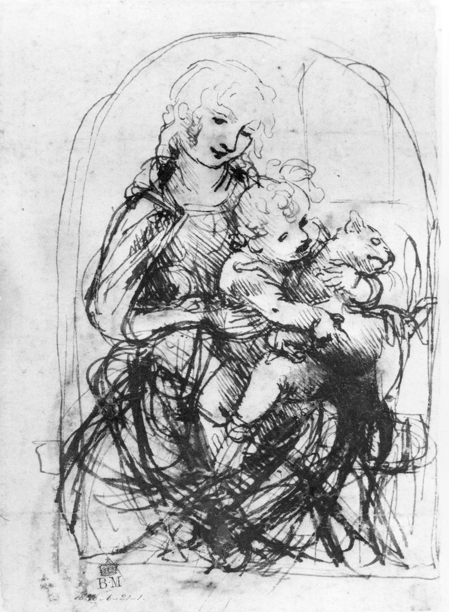 Estudo para uma Madonna com um gato, c.1478-80 (caneta e tinta sobre a caneta em papel) de Leonardo da Vinci
