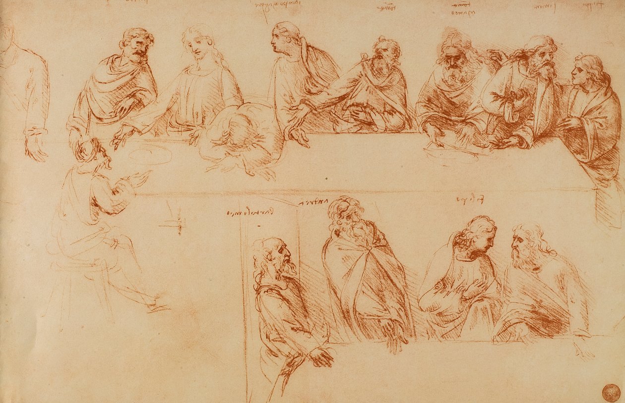 Estudo para a Última Ceia: desenho sanguíneo de Leonardo da Vinci. Gallerie dellAccademia, Veneza de Leonardo da Vinci