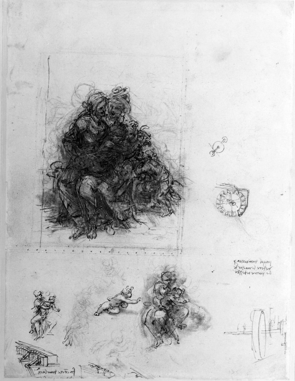 Estudo para a Virgem e o Menino com Santa Ana, c.1501 (caneta e tinta sobre giz preto sobre papel) de Leonardo da Vinci
