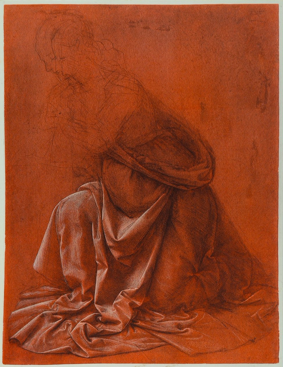 Estudo para as dobras do vestido de uma figura feminina; desenho de silverpoint e lavagem elevado em branco sobre papel vermelho, de Leonardo da Vinci. Galleria Nazionale dArte Antica, Palazzo Corsini, Roma de Leonardo da Vinci