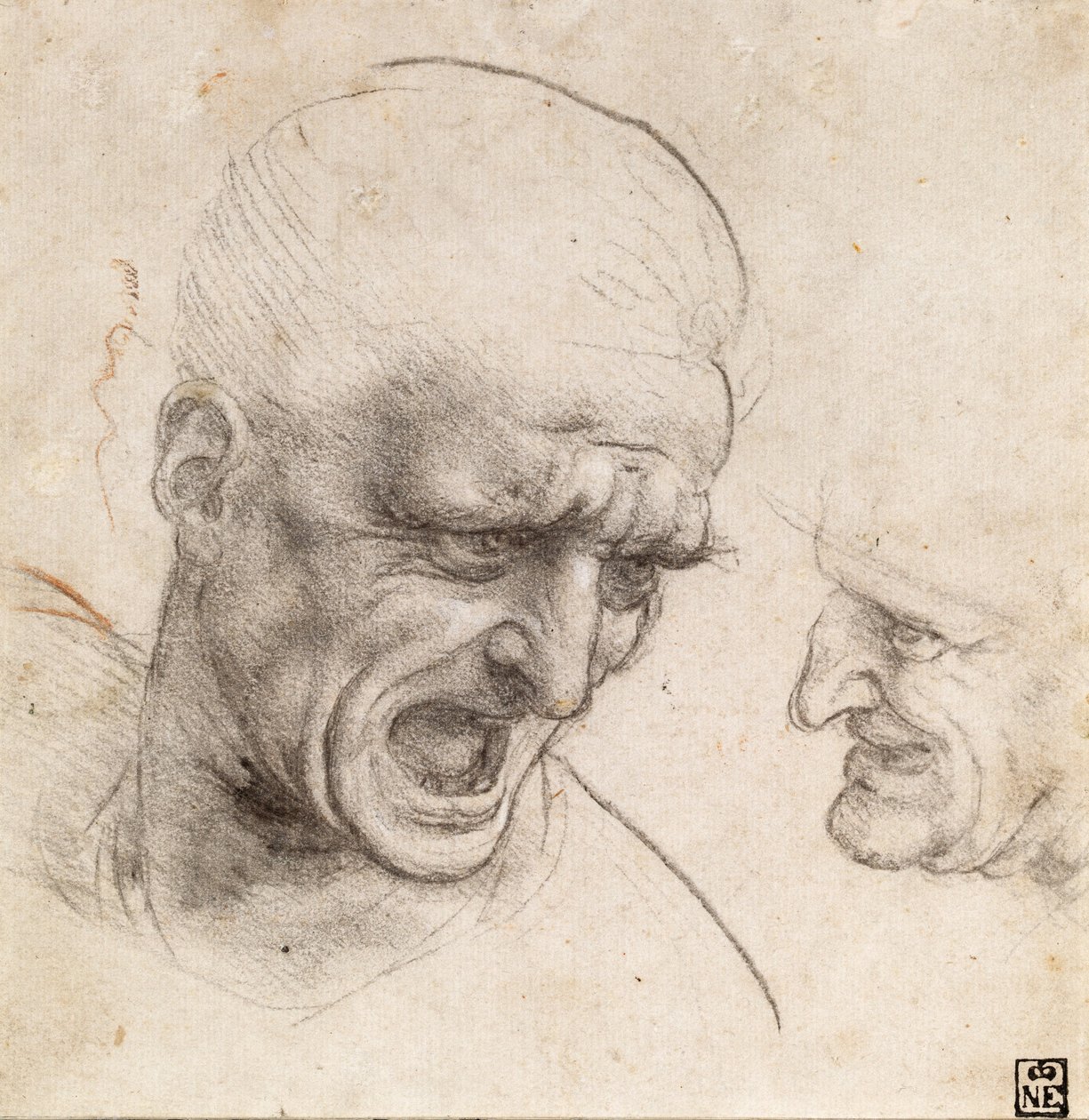 Estudo de duas cabeças de guerreiros para a batalha de Anghiari de Leonardo da Vinci