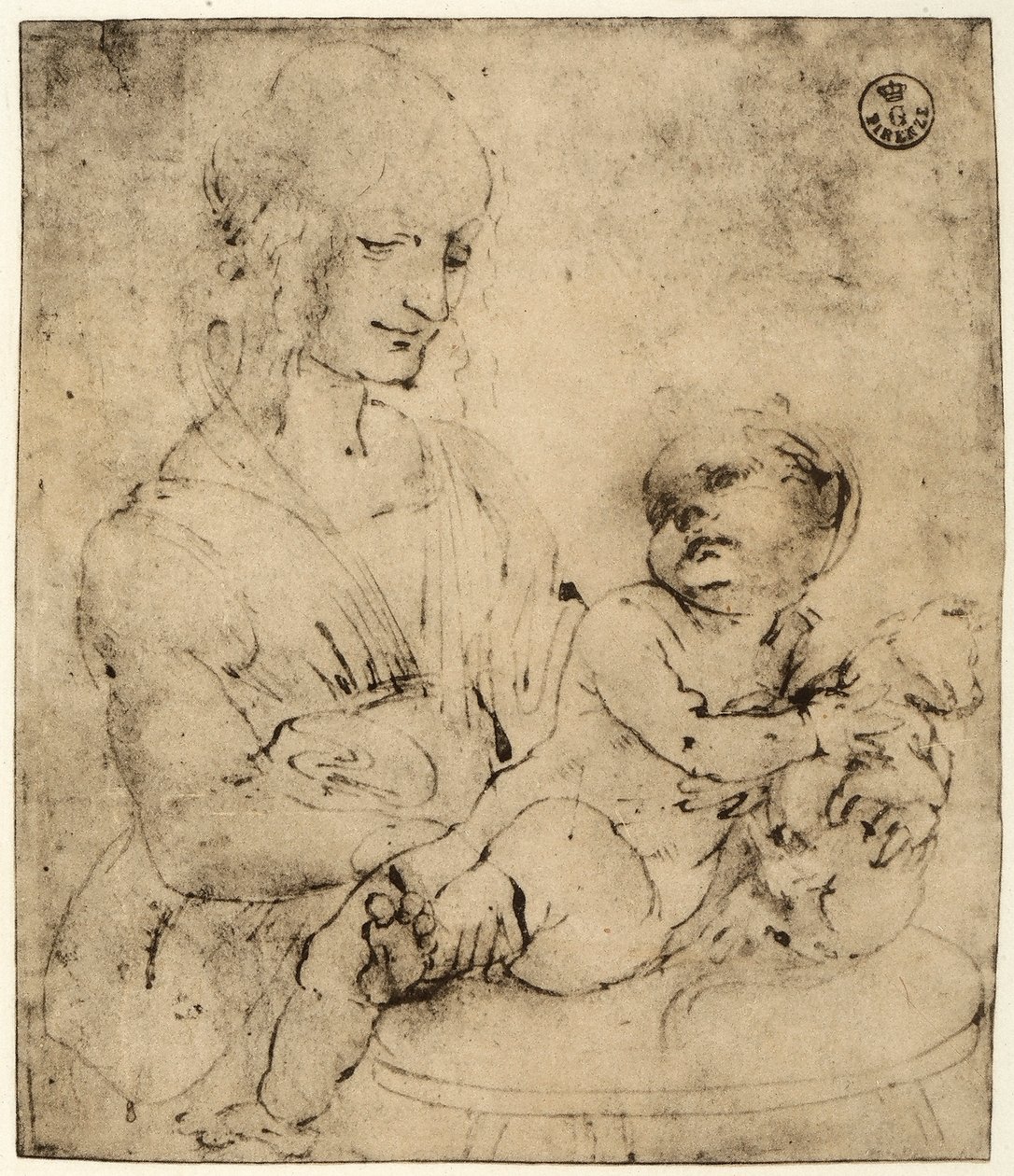 Estudo de uma Madonna e Criança (tinta preta sobre papel) de Leonardo da Vinci