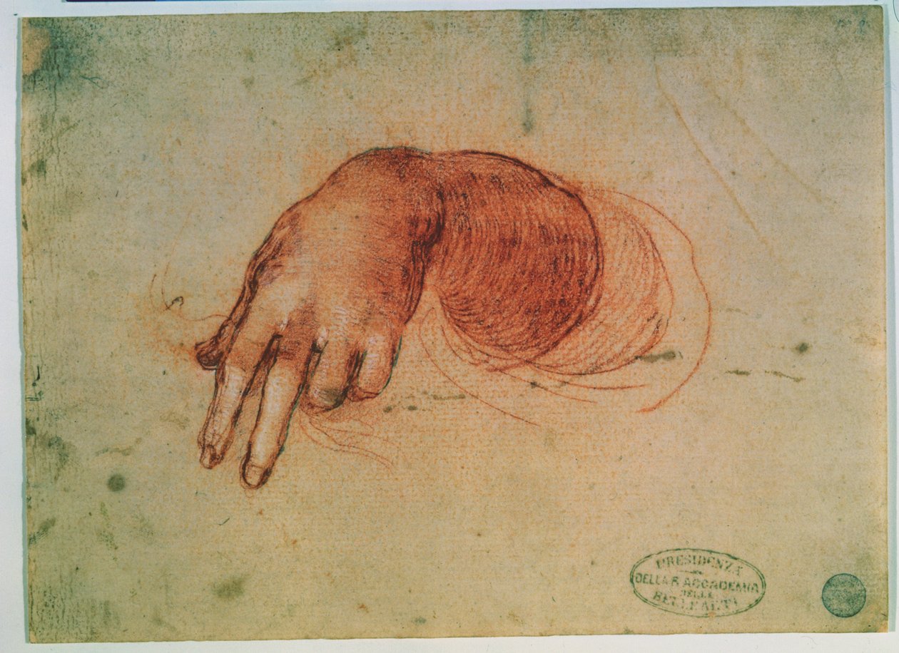 Estudo de uma mão (giz vermelho sobre papel) de Leonardo da Vinci