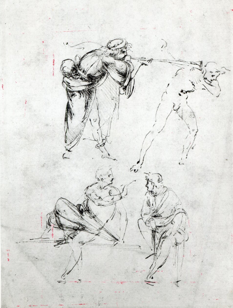 Estudo de um homem soprando uma trombeta no ouvido de outro e duas figuras em conversação, c.1480-82 (caneta e tinta no papel) de Leonardo da Vinci