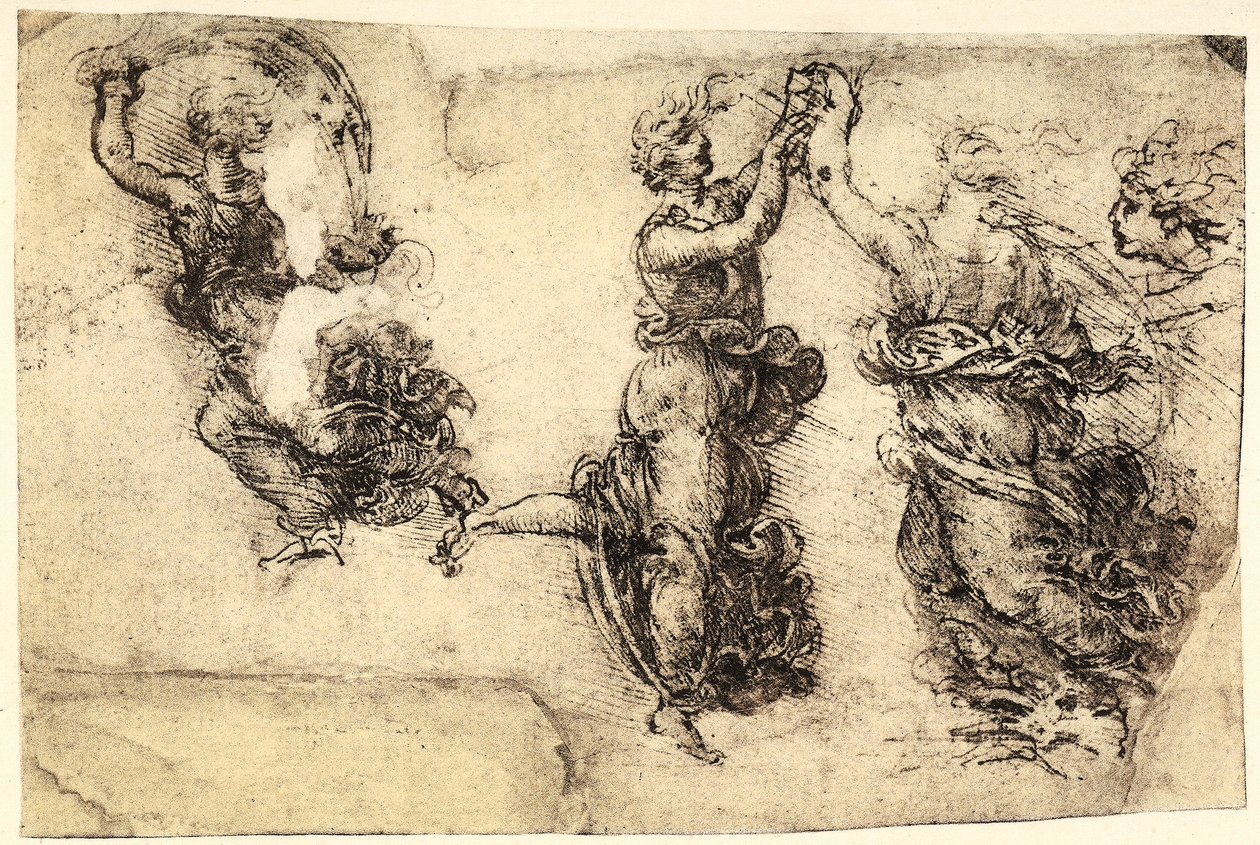 Estudo de algumas figuras femininas dançantes; desenho de caneta em papel ficou amarelo por Leonardo da Vinci e preservado na Galeria da Academia, em Veneza. de Leonardo da Vinci