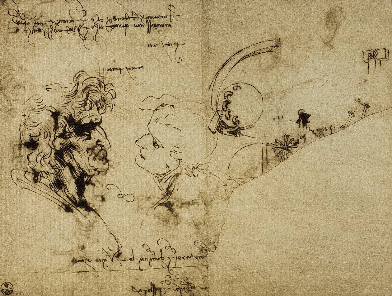 Estudo de várias figuras e cabeça do velho homem; desenho de Leonardo da Vinci. Gabinete de Desenhos e Gravuras, Galeria Uffizi, Florença de Leonardo da Vinci