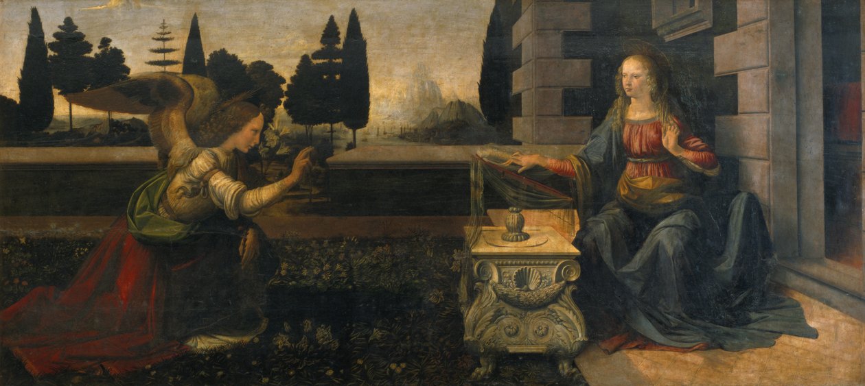 A Anunciação, 1472-75 (pré restauração) de Leonardo da Vinci