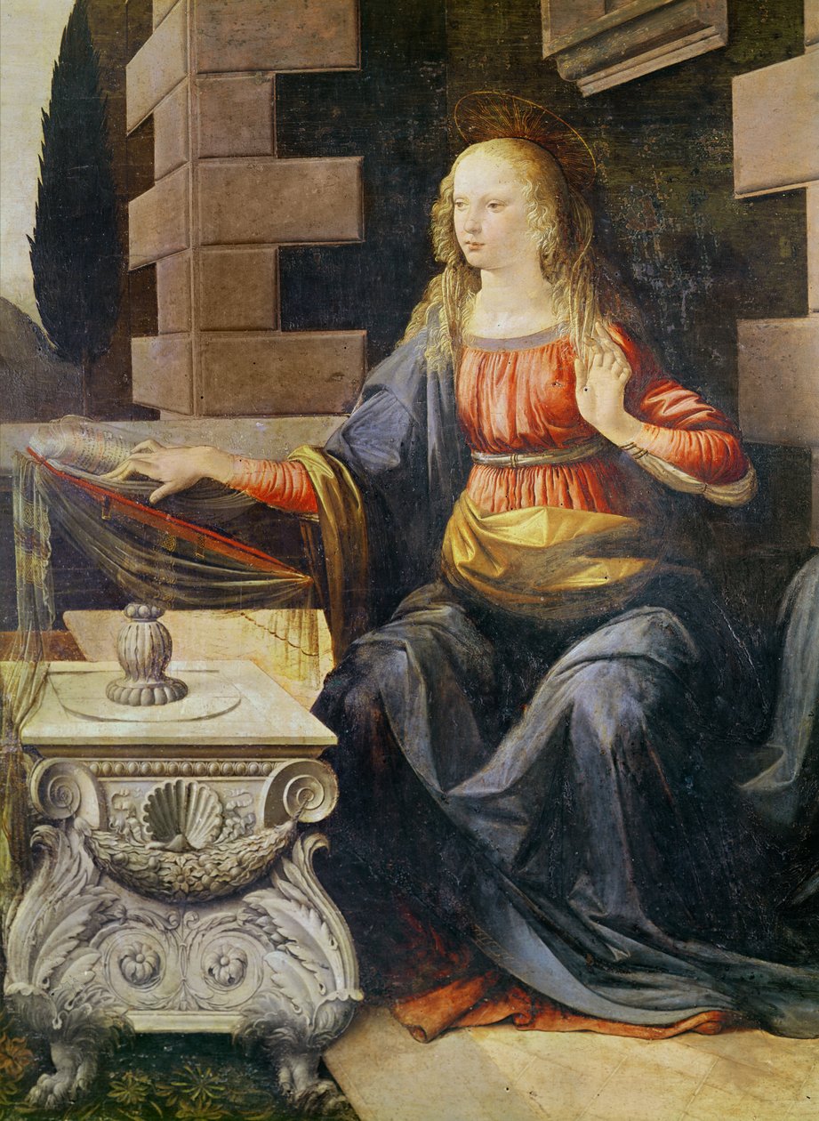 O detalhe da Anunciação da Virgem, c.1472-1475 óleo sobre madeira de Leonardo da Vinci