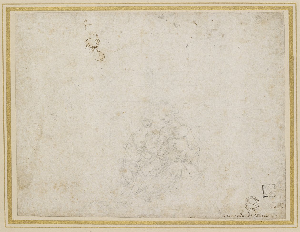 A Virgem e a Criança Adorada (ponto principal sobre recortes com a caneta em papel branco) de Leonardo da Vinci