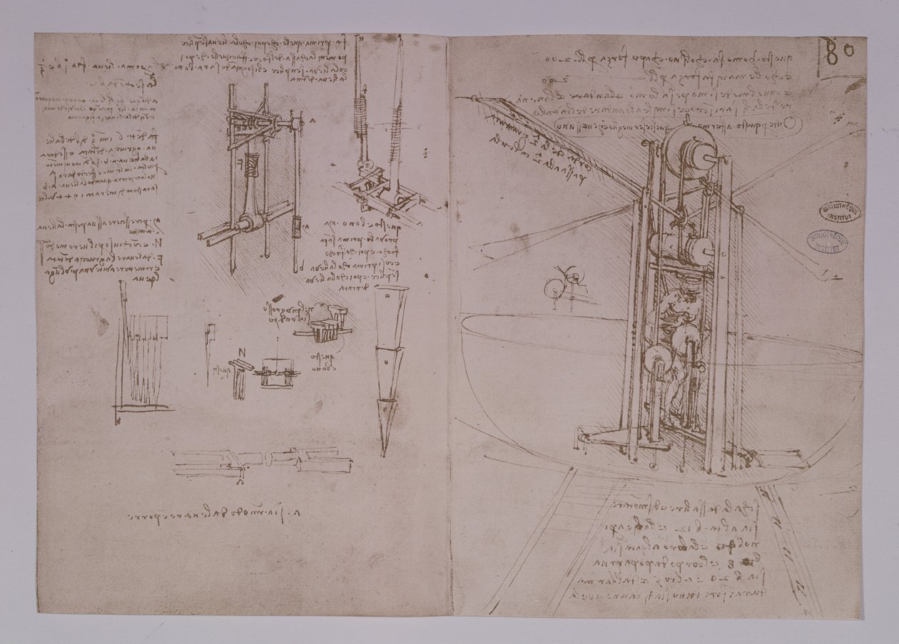 Máquina voadora de asas verticais, fol. 80r de Paris Manuscrito B, 1488-90 (caneta e tinta no papel) de Leonardo da Vinci
