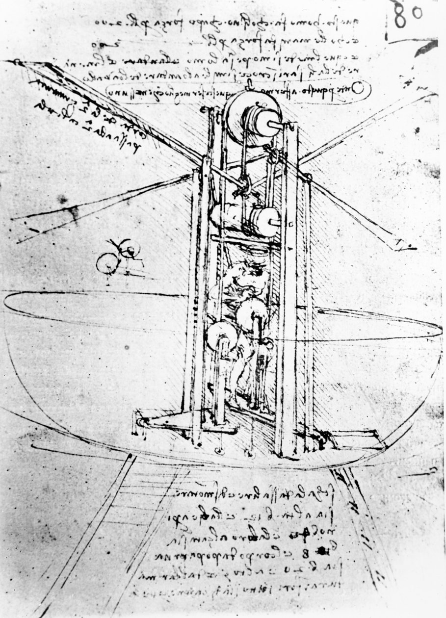 Máquina voadora verticalmente em pé, fol. 80r de Paris Manuscrito B, 1488-90 (caneta e tinta no papel) de Leonardo da Vinci