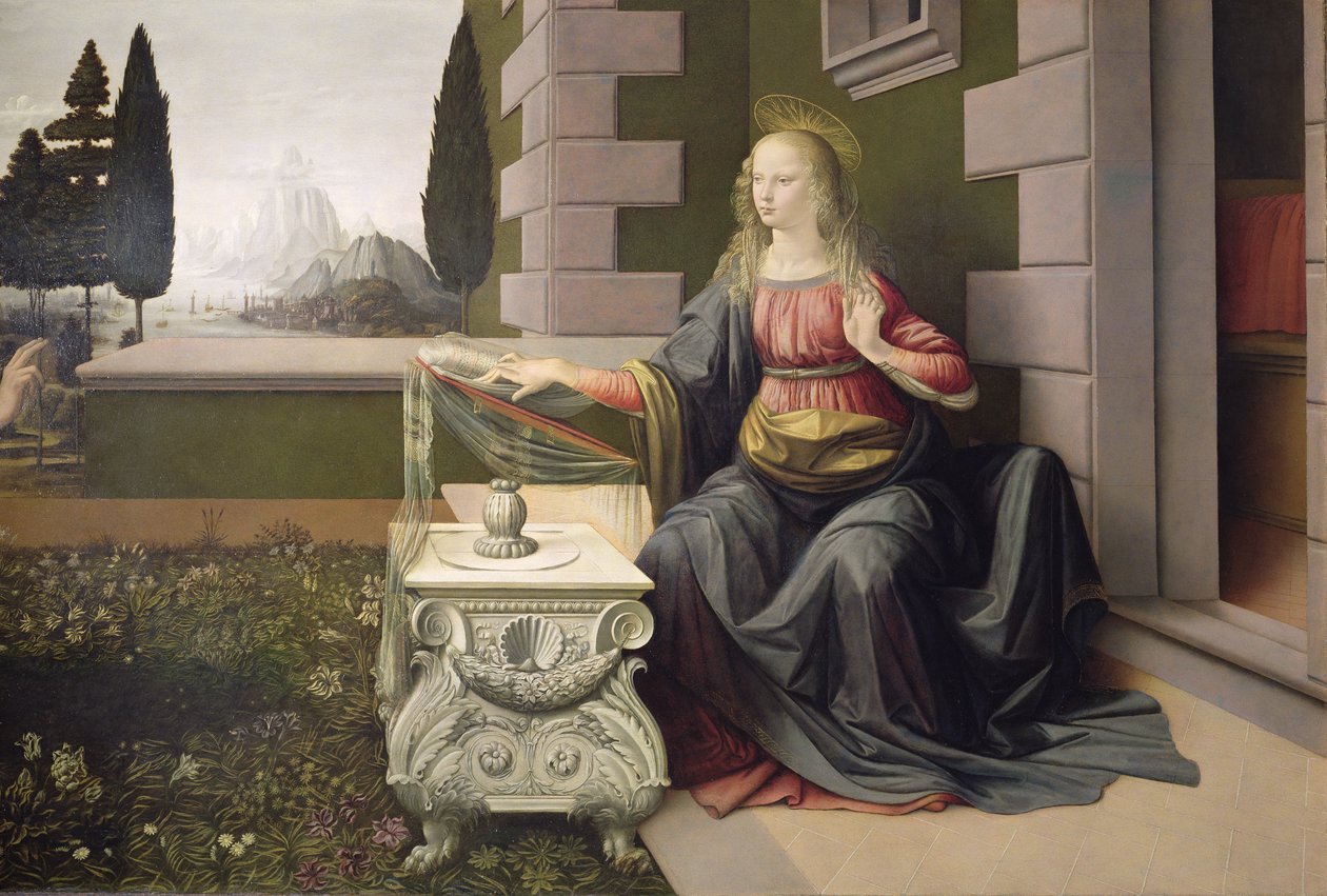 Virgem Maria, da Anunciação, 1472-75 (detalhe) (pós-restauração) de Leonardo da Vinci