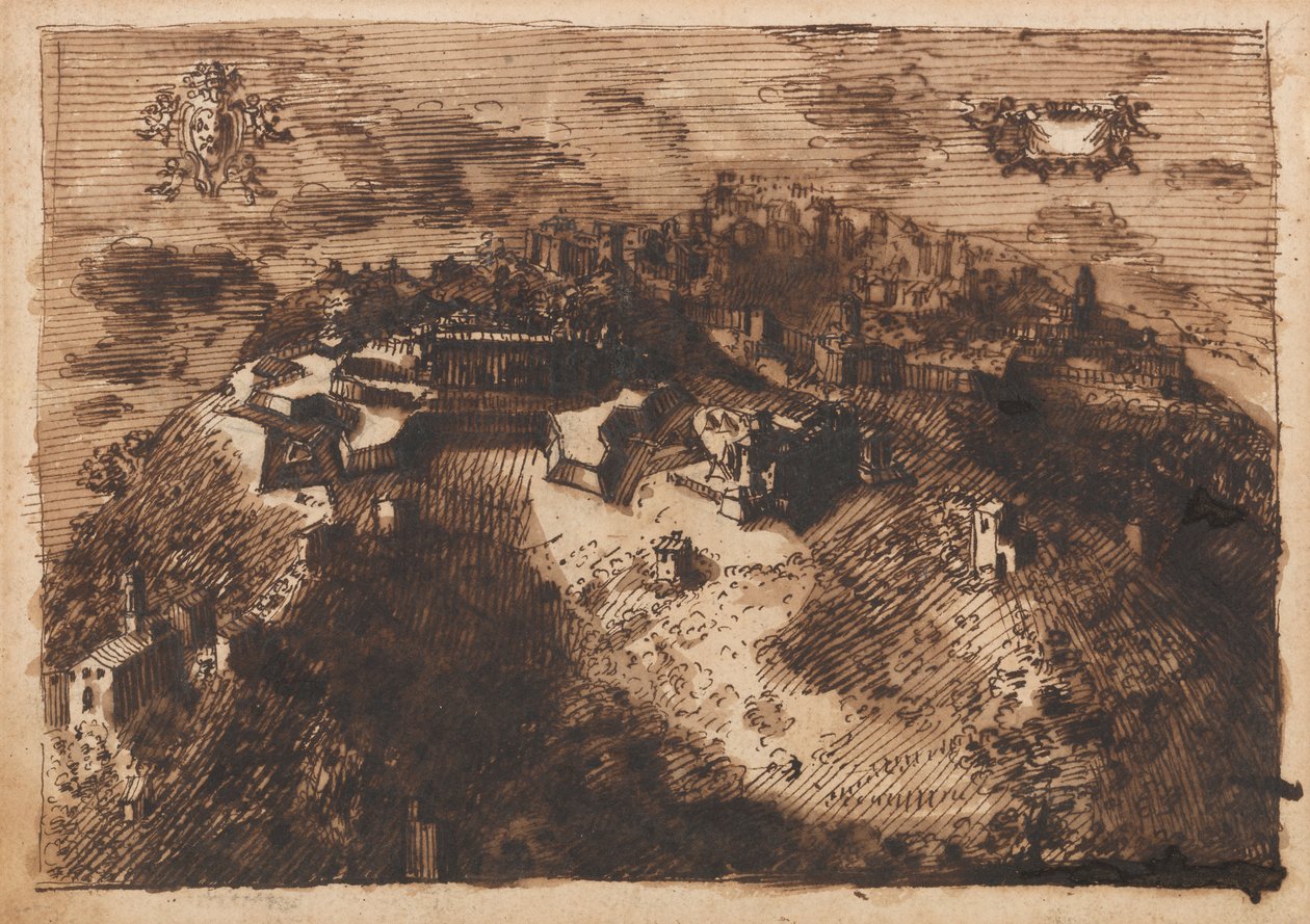 Uma cidade fortificada (recto); Um desenho geométrico (verso) de Leonardo Scaglia