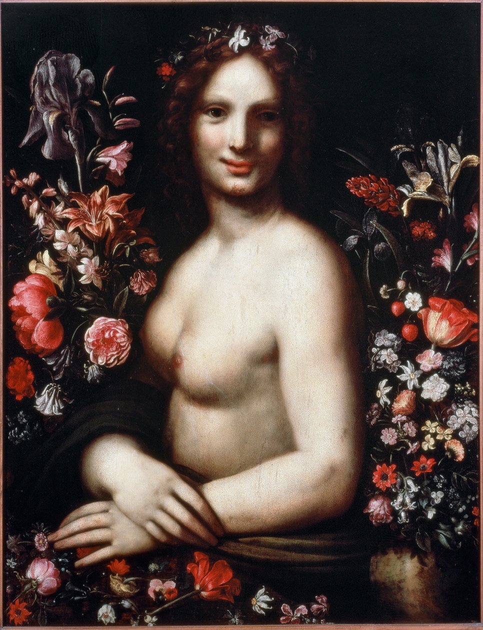Busto de uma jovem chamada Flora (Flora) entre as flores O modelo seria a Mona Lisa (Mona ou Monna Lisa) Pintura após um desenho de Leonardo da Vinci (Leonard de Vinci) (1452-1519) Século XVII Bergamo, accademia Carrara de Leonardo da (after) Vinci