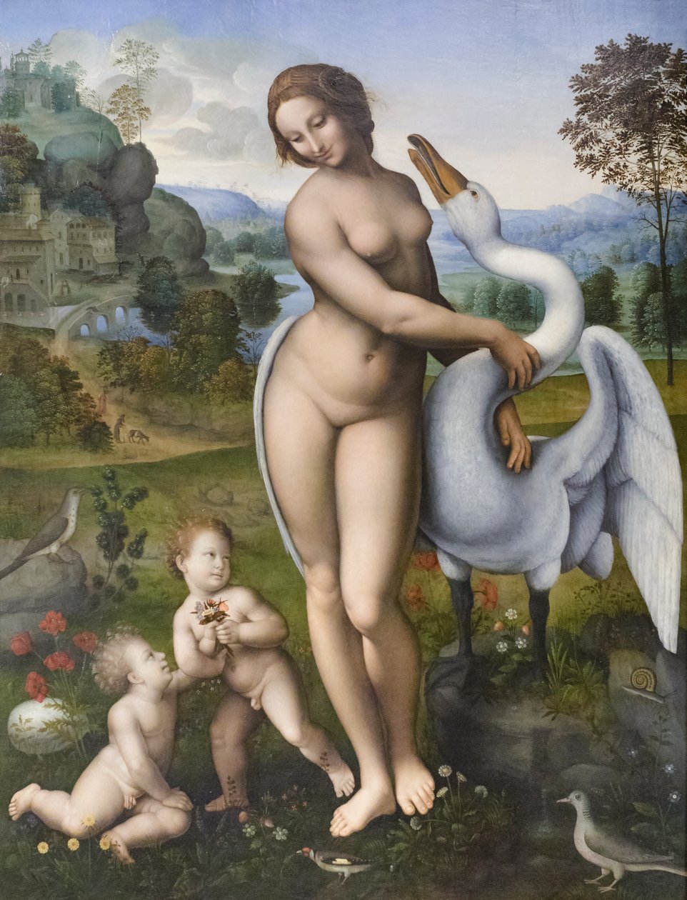 Leda e o Cisne, cópia segundo Leonardo da Vinci (têmpera sobre painel) de Leonardo da (after) Vinci