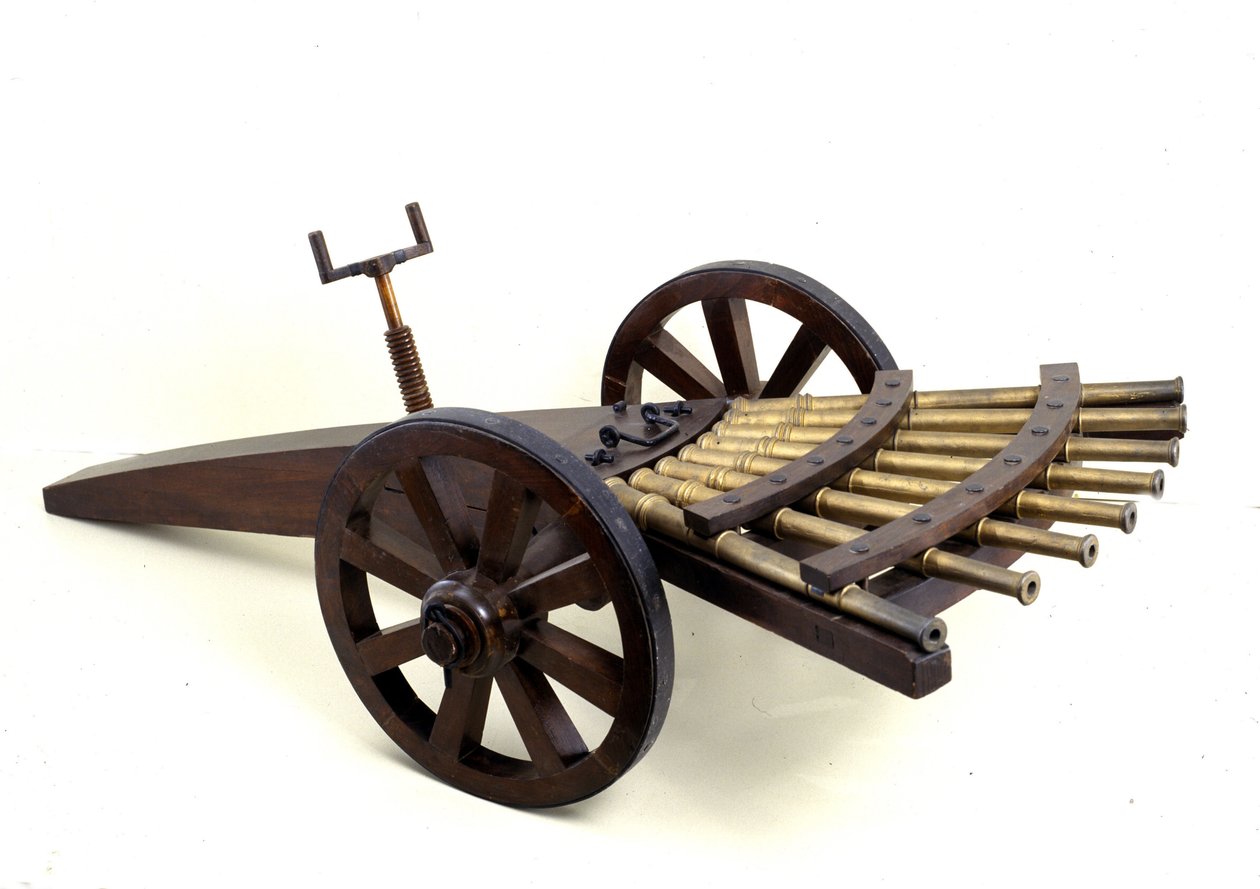 Canhão multi-cana. Modelo do desenho de Leonardo da Vinci (Leonardo da Vinci). Museu de Ciência e Tecnologia, Milão. de Leonardo da (after) Vinci
