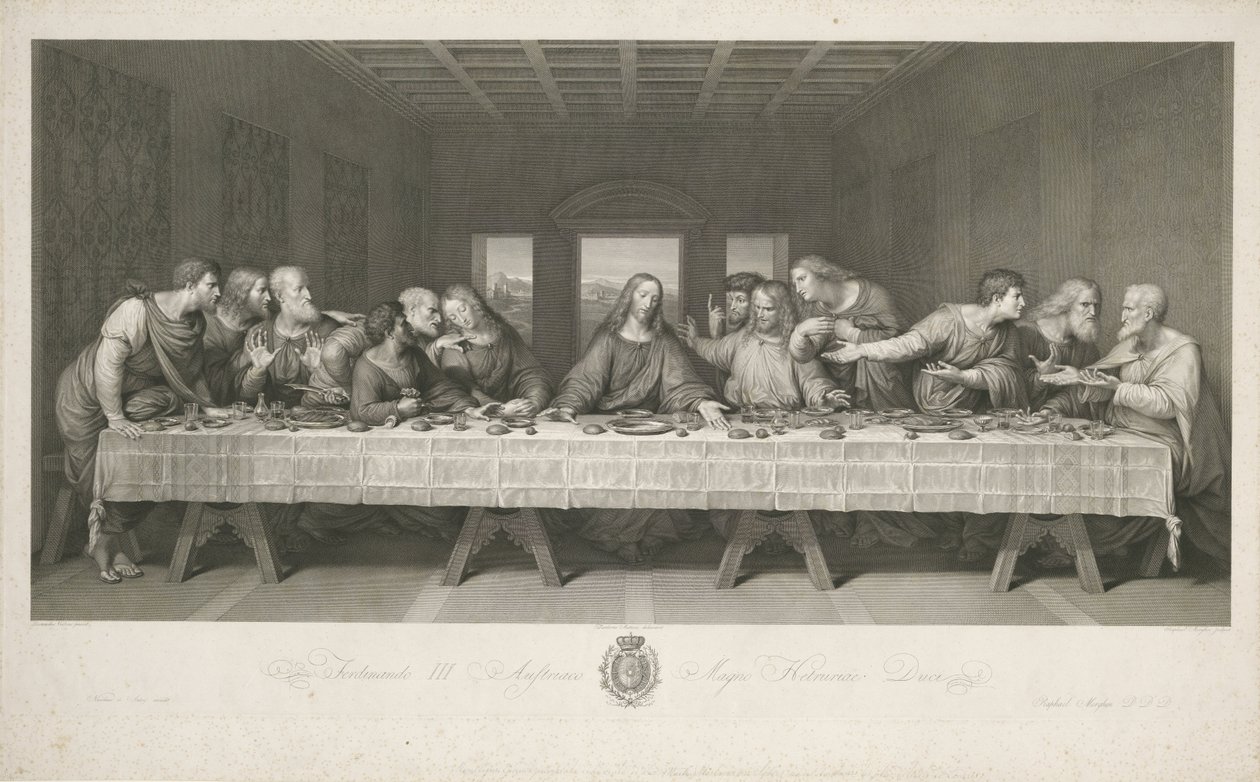 A Última Ceia, desenhada por Teodoro Matteini, gravada por Raphael Morghen (gravura) de Leonardo da (after) Vinci