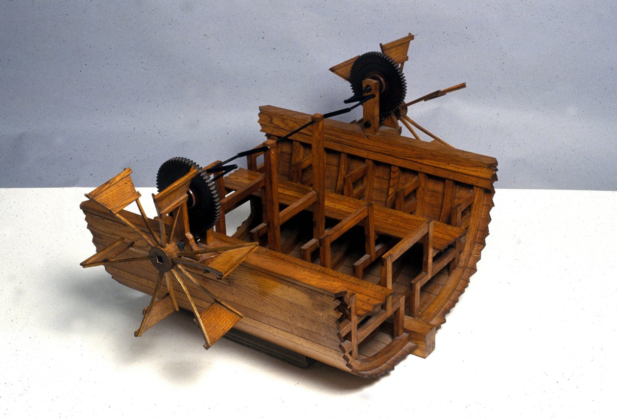 Um barco de propulsão com rodas. Modelo do desenho de Leonardo da Vinci (Leonardo da Vinci). Museu de Ciência e Tecnologia, Milão. de Leonardo da (after) Vinci