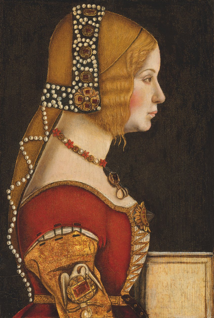 Retrato de Isabel de Aragão, duquesa de Milão (1470-1524), a meio comprimento, de perfil para a direita (óleo sobre painel) de Leonardo da (circle of) Vinci