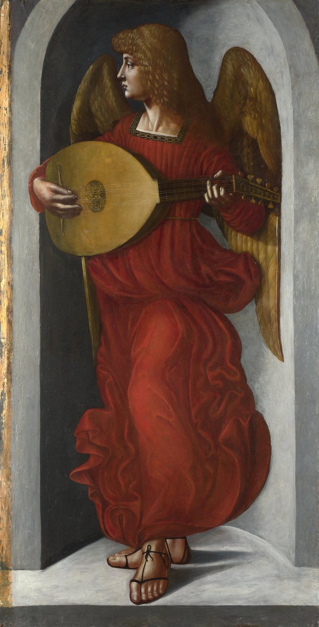 "An Angel in Red Playing the Lute" Pintura da comitiva de Leonardo da Vinci (1452-1519) ca. 1490-1499 London National Gallery de Leonardo da (circle of) Vinci